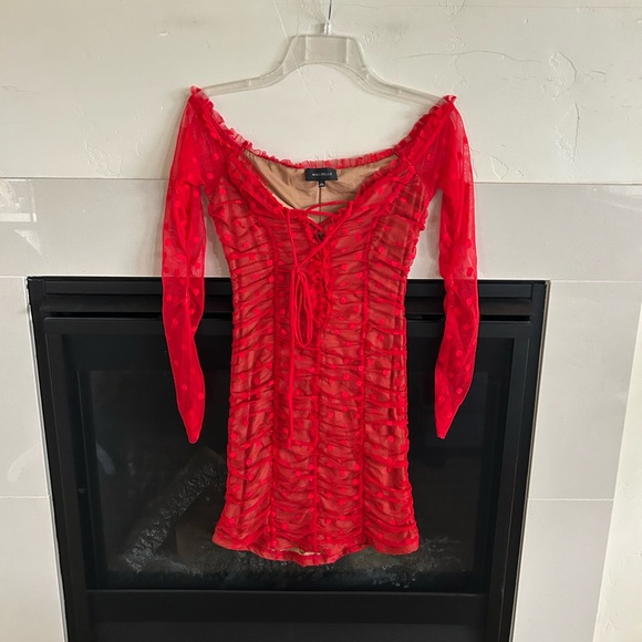 Majorelle Revolve Mesh Polka Dot Mini Dress Off The Shoulder Sexy Dress S Red - Picture 4 of 11